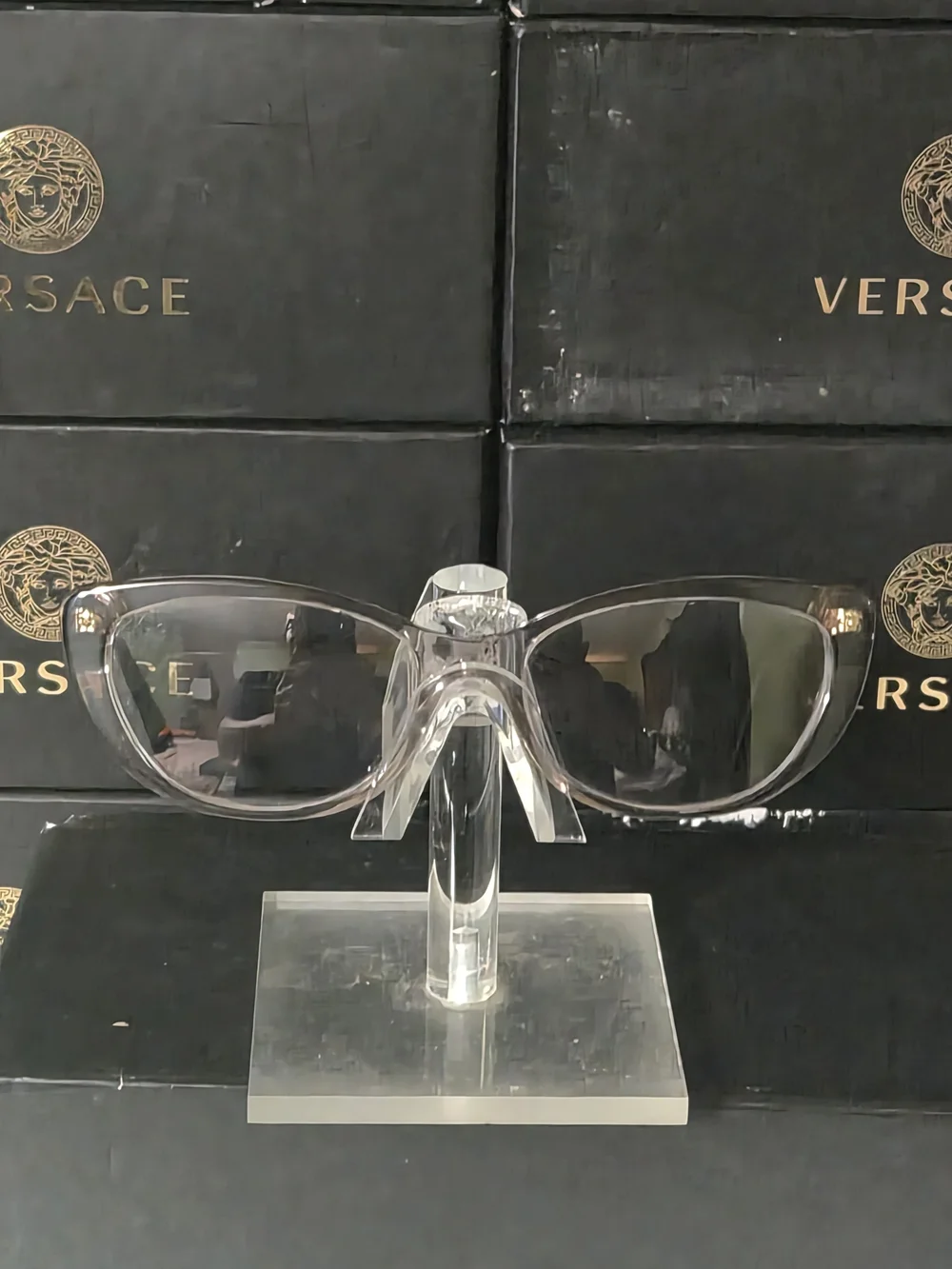 Versace Men's Transparent Gray Frame Glasses with Black Temples